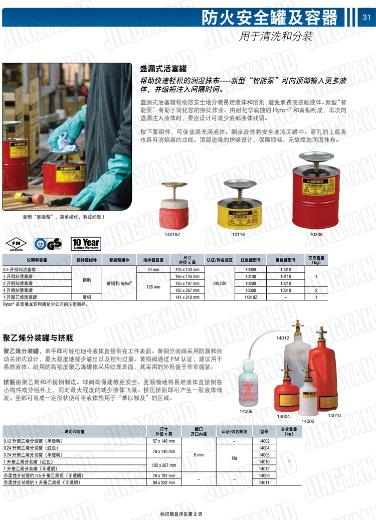 美國杰斯瑞特，JUSTRITE，活塞安全罐，盛漏式活塞罐，化學(xué)品分裝罐，